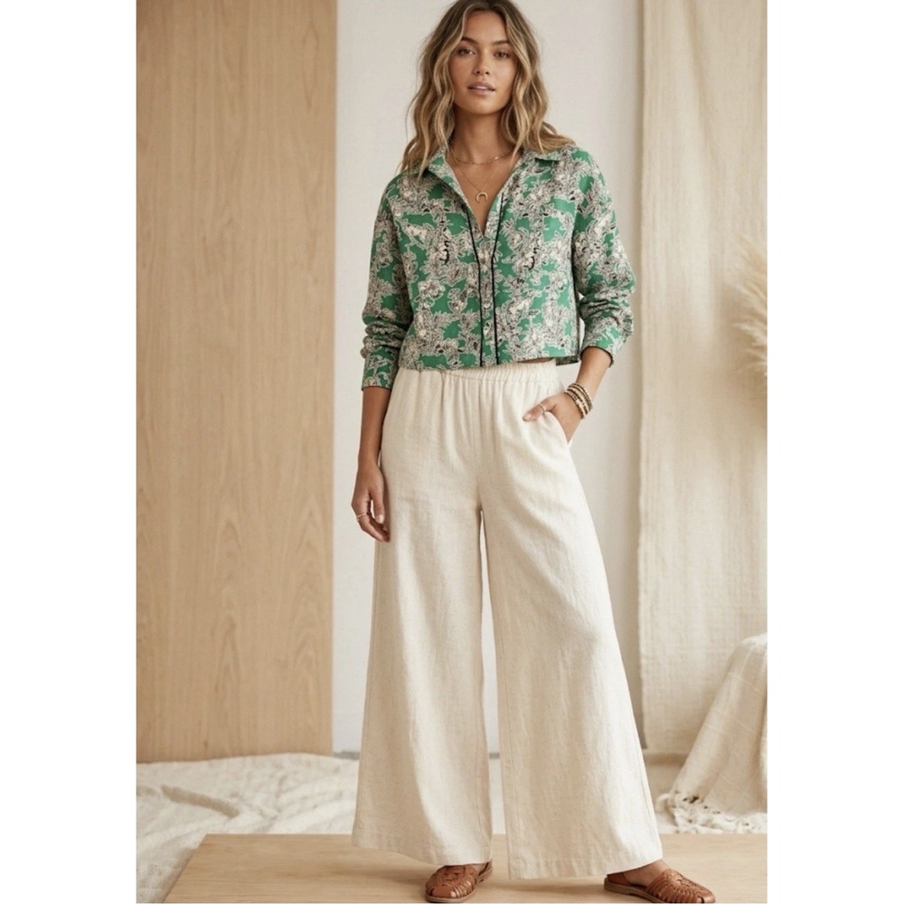 C&C California 100% Linen Button-Up Women's XL Green Tropical Cropped NWOT